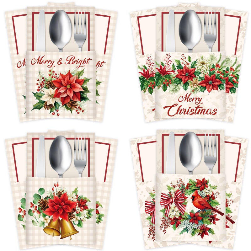 Harloon 36 Pcs Christmas Utensil Holders Xmas Kraft Paper Utensil Cutlery Holders Christmas Floral Pocket Silverware Holder Christmas  Fork Bags for Chrismas Dinner Party Favor Table Decor