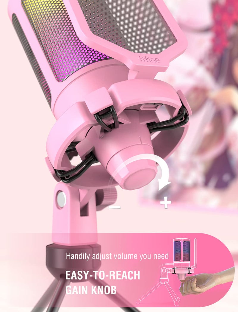 FIFINE USB Gaming PC Microphone for Streaming Podcasts, AmpliGame RGB Computer Condenser Desktop Mic, Cardioid Pattern for YouTube Video, Plug and Play on PS4 PS5, with Quick Mute, Mic Gain-A6V Pink - Image 3