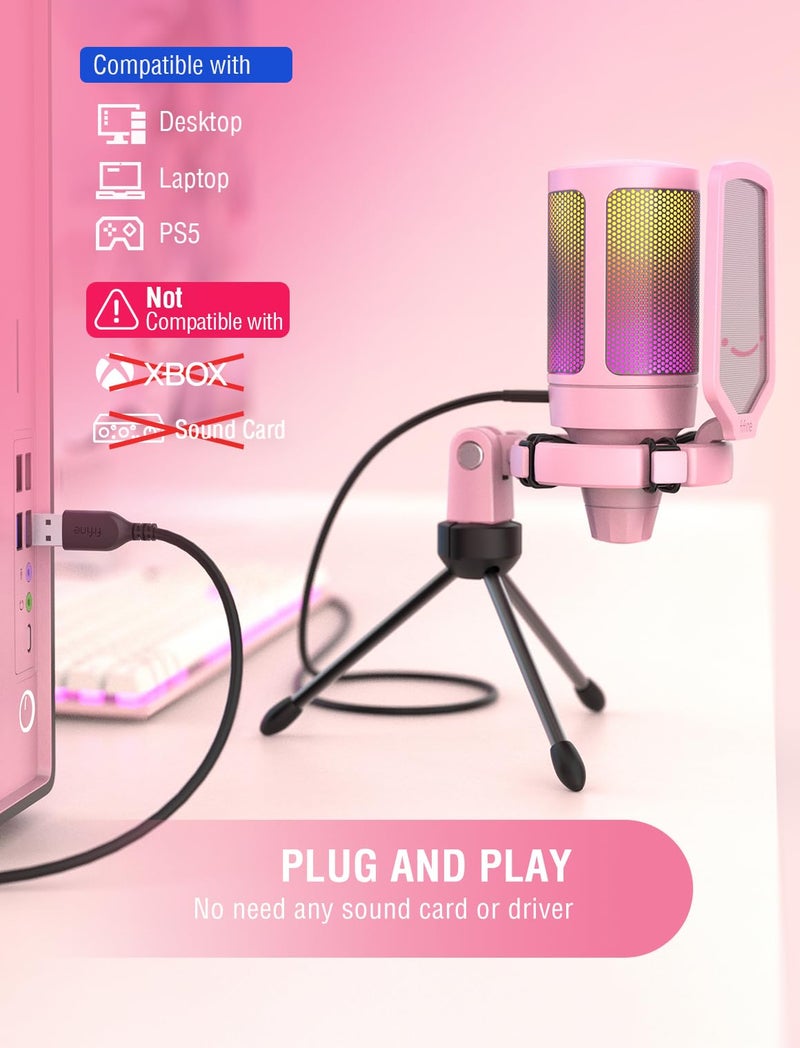 FIFINE USB Gaming PC Microphone for Streaming Podcasts, AmpliGame RGB Computer Condenser Desktop Mic, Cardioid Pattern for YouTube Video, Plug and Play on PS4 PS5, with Quick Mute, Mic Gain-A6V Pink - Image 5