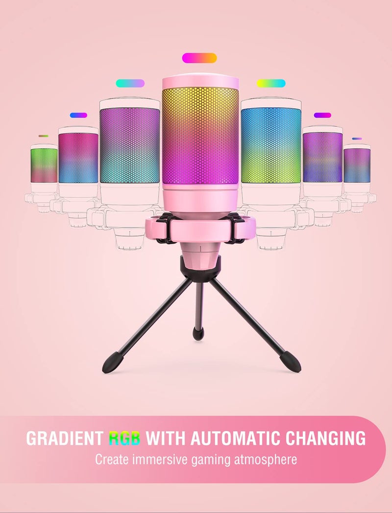FIFINE USB Gaming PC Microphone for Streaming Podcasts, AmpliGame RGB Computer Condenser Desktop Mic, Cardioid Pattern for YouTube Video, Plug and Play on PS4 PS5, with Quick Mute, Mic Gain-A6V Pink - Image 4