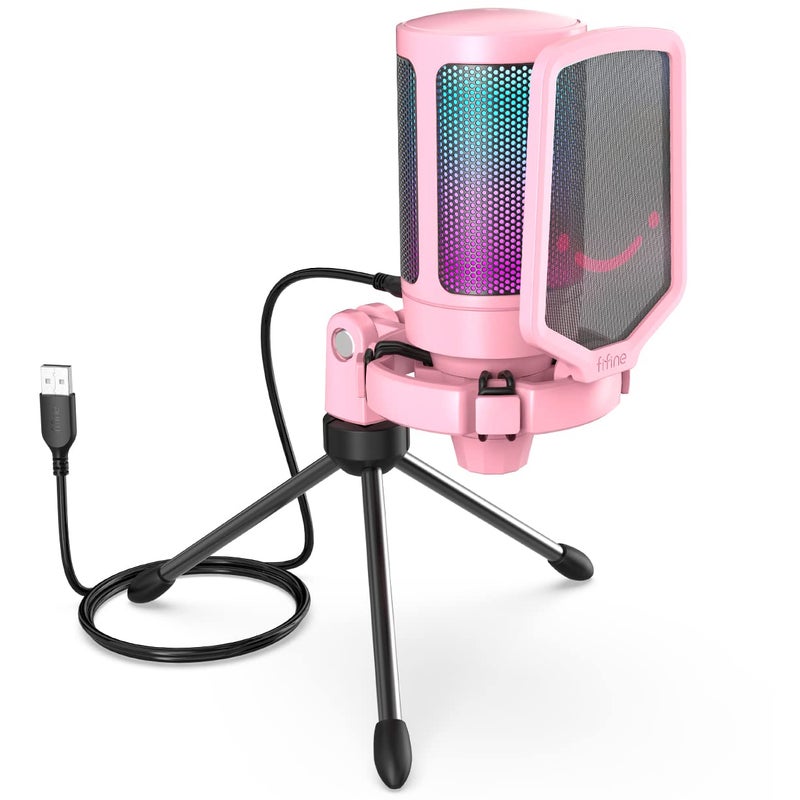 FIFINE USB Gaming PC Microphone for Streaming Podcasts, AmpliGame RGB Computer Condenser Desktop Mic, Cardioid Pattern for YouTube Video, Plug and Play on PS4 PS5, with Quick Mute, Mic Gain-A6V Pink - Image 1