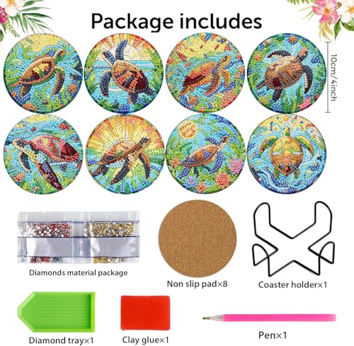 croshom 8 Pieces Diamond Art Painting Coasters Kit, Sea Turtle Diamond Art Coaster, DIY Diamonds Craft Kits for Adults and Beginners (Turtle Style) - Image 2