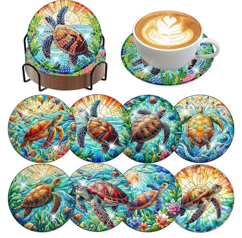 croshom 8 Pieces Diamond Art Painting Coasters Kit, Sea Turtle Diamond Art Coaster, DIY Diamonds Craft Kits for Adults and Beginners (Turtle Style) - Image 1