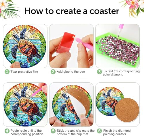 croshom 8 Pieces Diamond Art Painting Coasters Kit, Sea Turtle Diamond Art Coaster, DIY Diamonds Craft Kits for Adults and Beginners (Turtle Style) - Image 3