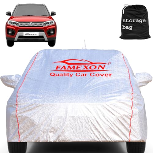 FAMEXON Waterproof Car Body Cover with Mirror Pocket Compatible for Viatara Brezza Triple Layer Inner Fabric & Pipein Design Protects from Animals, Heat, Rainfall (Metallic Silver) - Image 1