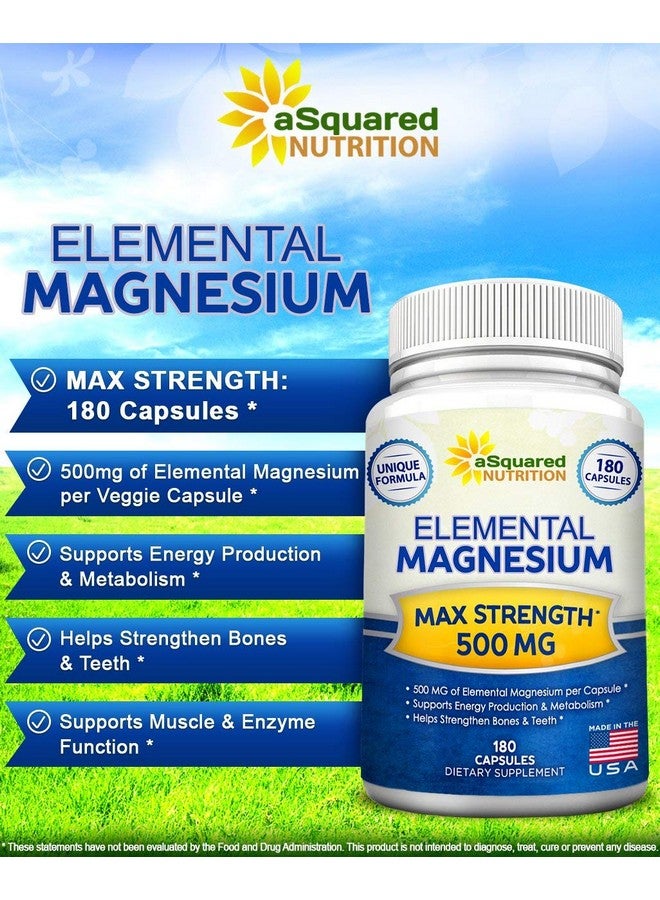 aSquared Nutrition Elemental Magnesium Supplement 180 Veggie Capsules Max Strength Magnesium Citrate & Oxide 500 Mg Formula Mag Tablet Pills For Sleep & Vitamin Deficiency Natural Calm Complex For Women & Men - Image 3