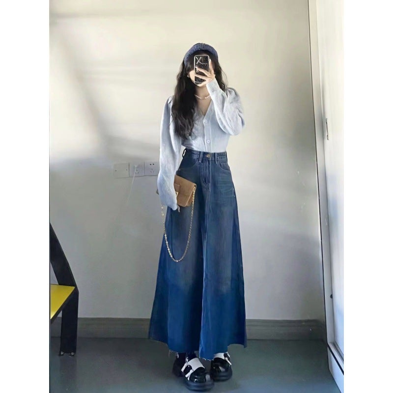 Gothic Cool Sister ~ Tall Retro Denim Skirt Women'S Niche A- Line Long Skirt Loose Mid-Length Skirt - Image 5