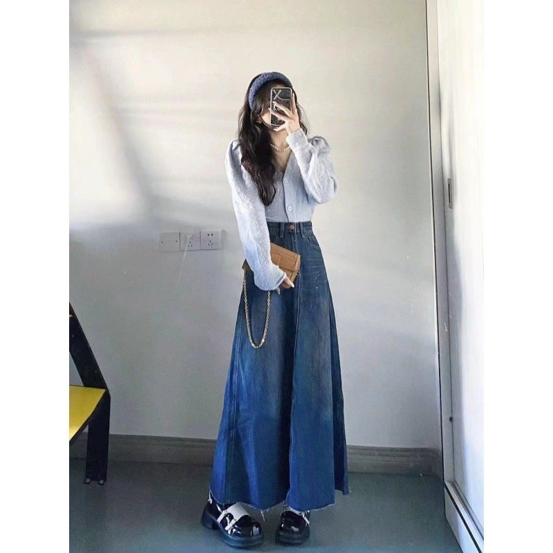 Gothic Cool Sister ~ Tall Retro Denim Skirt Women'S Niche A- Line Long Skirt Loose Mid-Length Skirt - Image 3