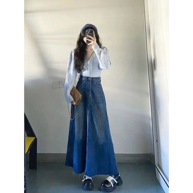 Gothic Cool Sister ~ Tall Retro Denim Skirt Women'S Niche A- Line Long Skirt Loose Mid-Length Skirt - Image 2