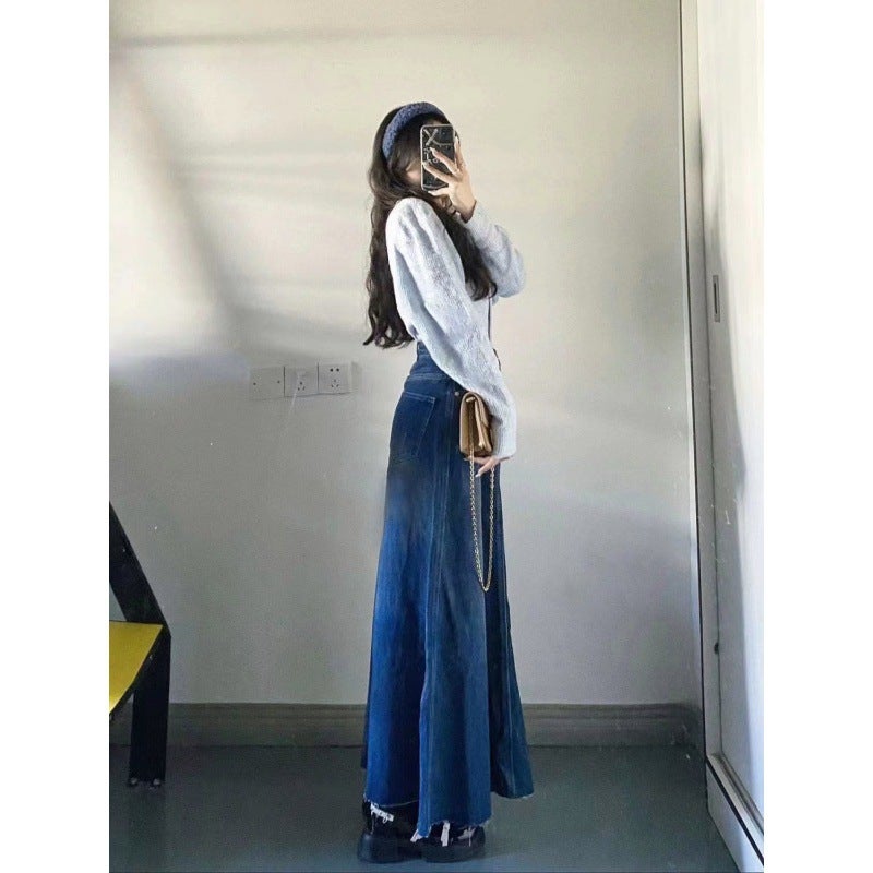 Gothic Cool Sister ~ Tall Retro Denim Skirt Women'S Niche A- Line Long Skirt Loose Mid-Length Skirt - Image 4