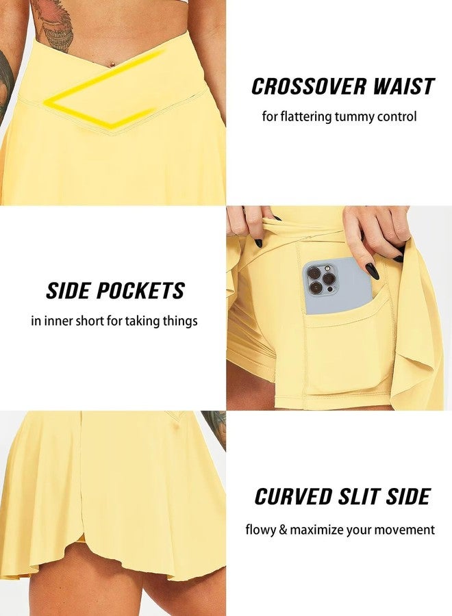 TZLDN Women's Tennis Skirt with Shorts Pockets Crossover High Waisted Workout Athletic Golf Skorts Skirts Light Yellow - Medium - Image 5