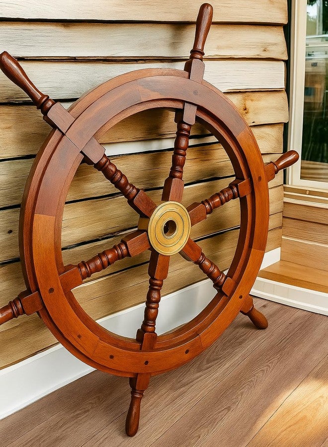 Brainmart Wooden Nautical Ship Wheel Wall Decor, Handmade Boat Steering Wheel, Coastal Ocean Theme Beach Home Decor for Living Room Bedroom Patio, Natural Brown – 24 Inch - Image 2