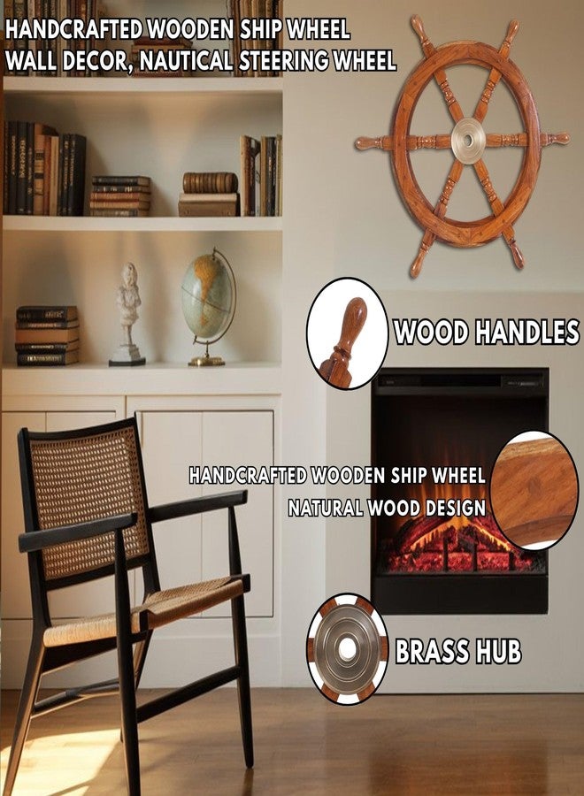 Brainmart Wooden Nautical Ship Wheel Wall Decor, Handmade Boat Steering Wheel, Coastal Ocean Theme Beach Home Decor for Living Room Bedroom Patio, Natural Brown – 24 Inch - Image 3