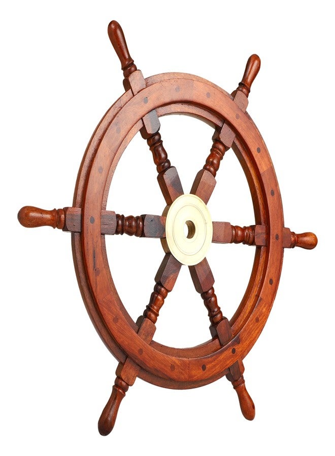 Brainmart Wooden Nautical Ship Wheel Wall Decor, Handmade Boat Steering Wheel, Coastal Ocean Theme Beach Home Decor for Living Room Bedroom Patio, Natural Brown – 24 Inch - Image 1