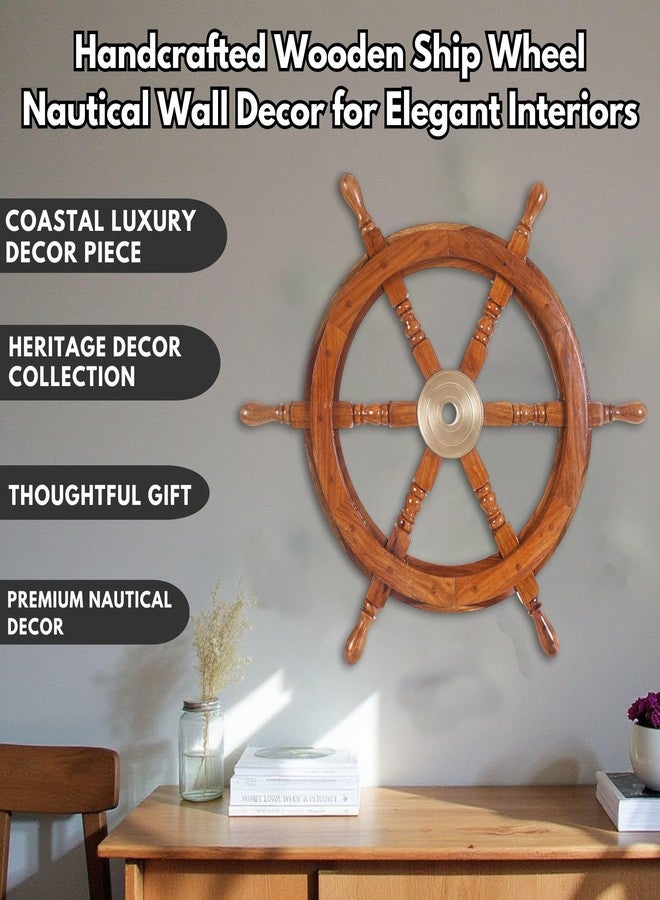 Brainmart Wooden Nautical Ship Wheel Wall Decor, Handmade Boat Steering Wheel, Coastal Ocean Theme Beach Home Decor for Living Room Bedroom Patio, Natural Brown – 24 Inch - Image 4