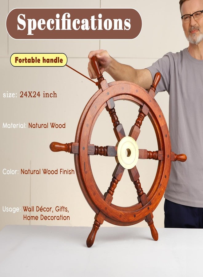 Brainmart Wooden Nautical Ship Wheel Wall Decor, Handmade Boat Steering Wheel, Coastal Ocean Theme Beach Home Decor for Living Room Bedroom Patio, Natural Brown – 24 Inch - Image 5