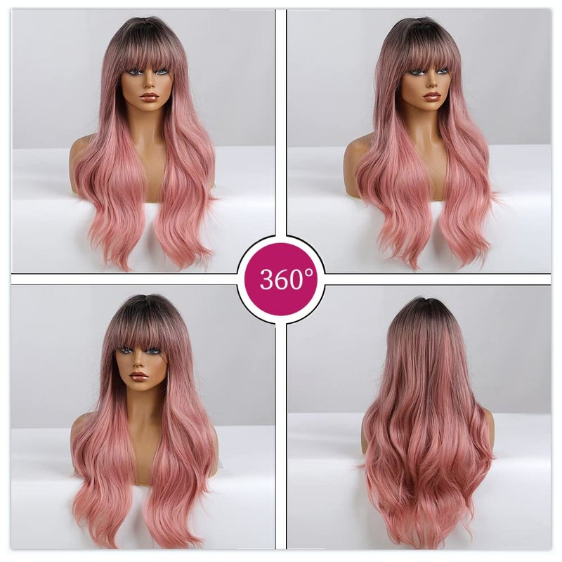 Esmee 24" Women Synthetic Wigs Natural Long Wavy Ombre Pink with Dark Rootsï¼†Fluffy Air Bangs Light Cosplay Party Wigs - Image 5