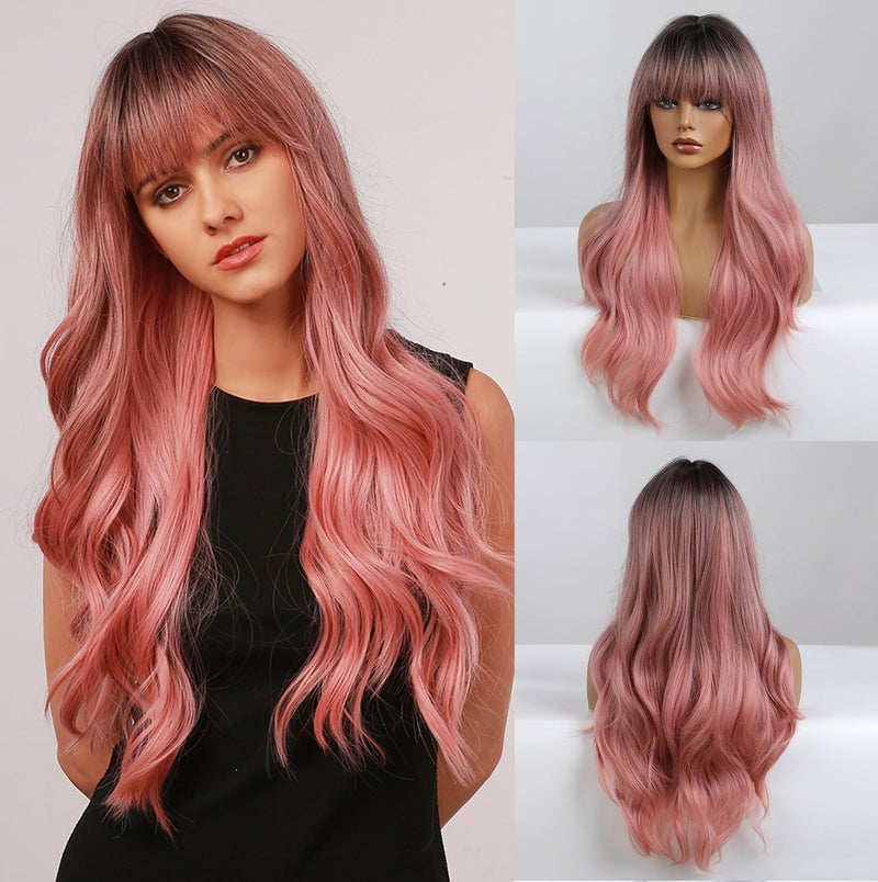 Esmee 24" Women Synthetic Wigs Natural Long Wavy Ombre Pink with Dark Rootsï¼†Fluffy Air Bangs Light Cosplay Party Wigs - Image 1