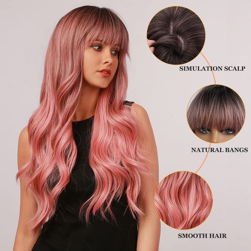 Esmee 24" Women Synthetic Wigs Natural Long Wavy Ombre Pink with Dark Rootsï¼†Fluffy Air Bangs Light Cosplay Party Wigs - Image 3