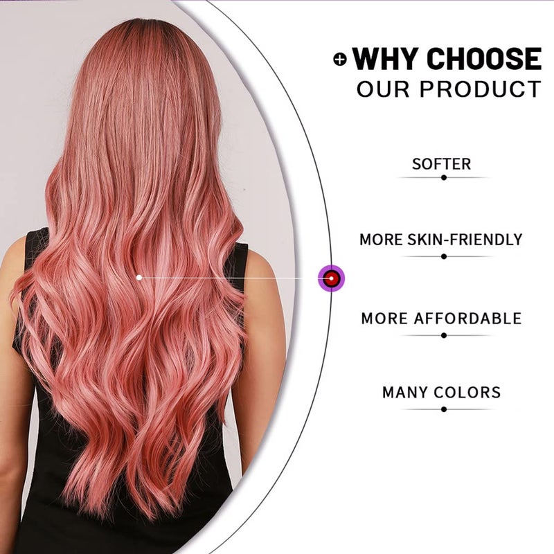 Esmee 24" Women Synthetic Wigs Natural Long Wavy Ombre Pink with Dark Rootsï¼†Fluffy Air Bangs Light Cosplay Party Wigs - Image 4