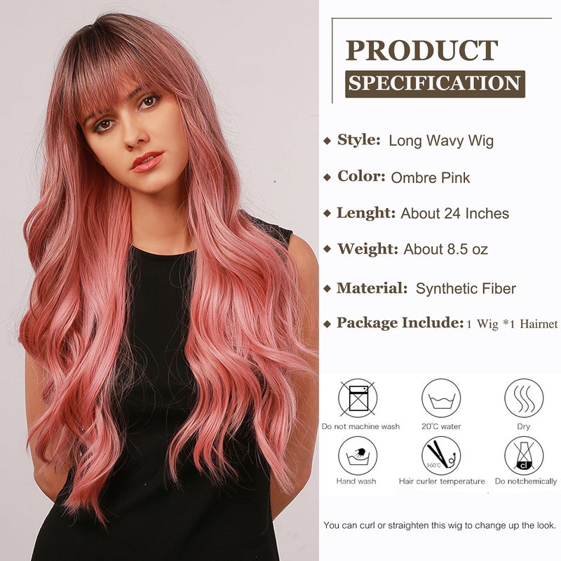 Esmee 24" Women Synthetic Wigs Natural Long Wavy Ombre Pink with Dark Rootsï¼†Fluffy Air Bangs Light Cosplay Party Wigs - Image 2