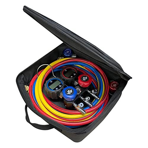 Mastercool 84472 R134a 2-Way Aluminum Mini Manifold Digital Gauge Set with 3-72" R134a Hoses and a Set of R134a Manual Couplers Packaged in a Zippered Carry Case - Image 2