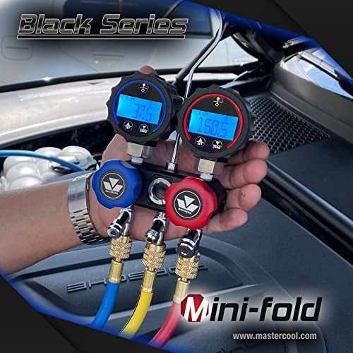 Mastercool 84472 R134a 2-Way Aluminum Mini Manifold Digital Gauge Set with 3-72" R134a Hoses and a Set of R134a Manual Couplers Packaged in a Zippered Carry Case - Image 3