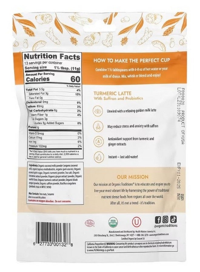Organic Traditions Turmeric Latte with Saffron and Probiotics 5.3 oz 150 g - Image 2