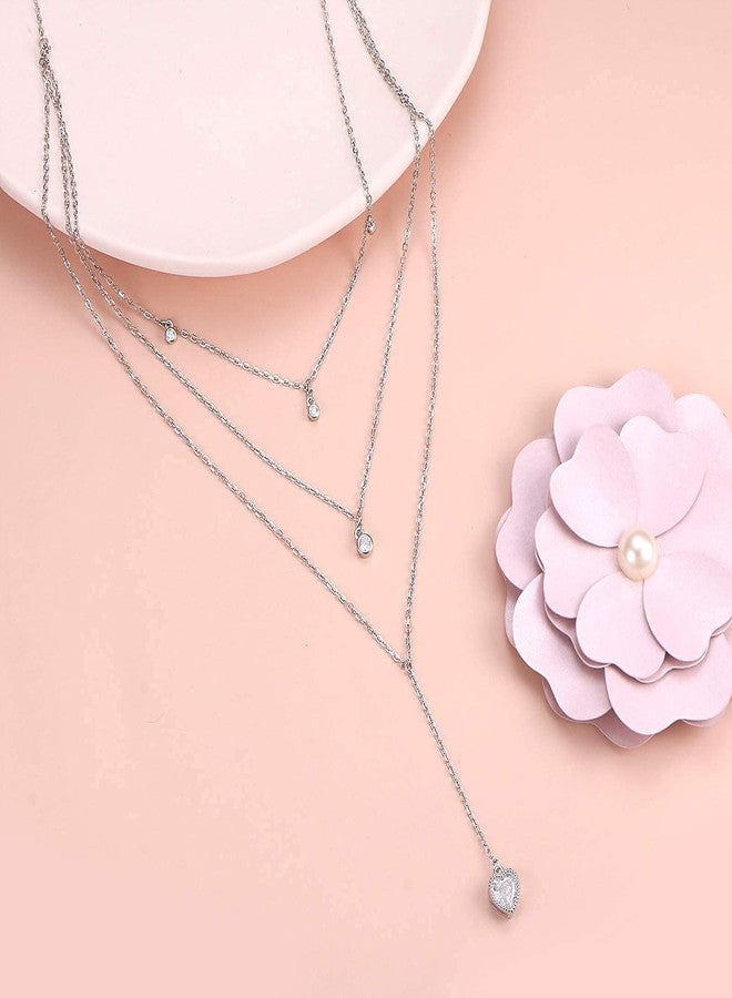 Ladytree Layered Necklace Multi Layer Long 3 Strand Triple Chain Tier Y Shape Lariat Drop Heart 925 Sterling Silver Dainty Boho Choker for Women Trendy CZ - Image 5