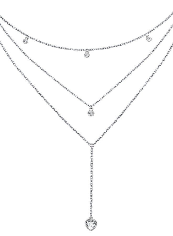 Ladytree Layered Necklace Multi Layer Long 3 Strand Triple Chain Tier Y Shape Lariat Drop Heart 925 Sterling Silver Dainty Boho Choker for Women Trendy CZ - Image 1