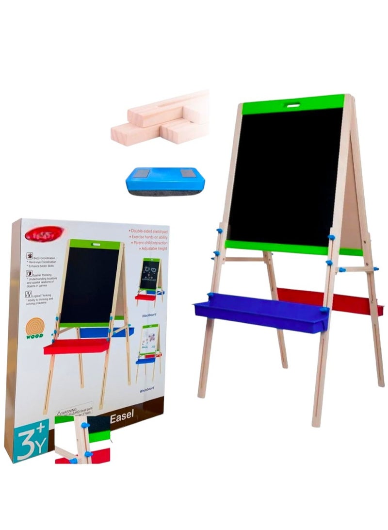 صندوق العاب لوح خشبي محمول متعدد الوظائف على الوجهين ولوح طباشير مع حامل رسم قابل لتعديل الارتفاع لتعليم الأطفال - Image 2