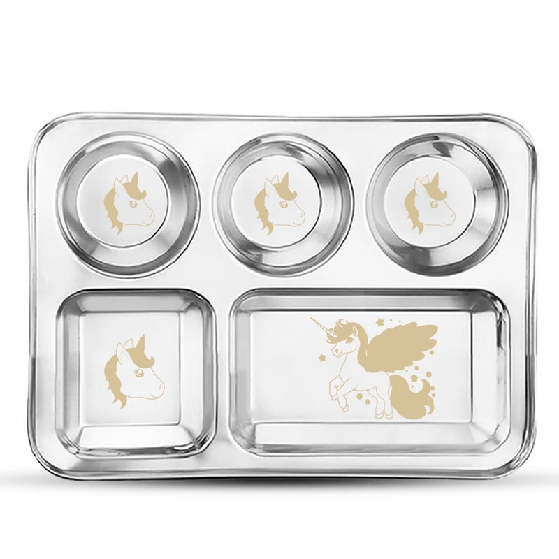 JSI طبق عشاء للأطفال من الفولاذ المقاوم للصدأ JSI | تصميم يونيكورن محفور بالليزر | مقاوم للكسر وسهل التنظيف | لامع ومقاوم للصدأ | فولاذ SS من الدرجة 304 5 في 1 مقسم (طقم من 2 قطعة، قطر - 35 سم) - Image 2