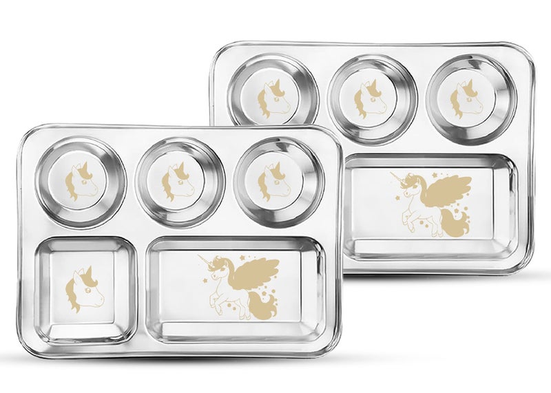 JSI طبق عشاء للأطفال من الفولاذ المقاوم للصدأ JSI | تصميم يونيكورن محفور بالليزر | مقاوم للكسر وسهل التنظيف | لامع ومقاوم للصدأ | فولاذ SS من الدرجة 304 5 في 1 مقسم (طقم من 2 قطعة، قطر - 35 سم) - Image 1