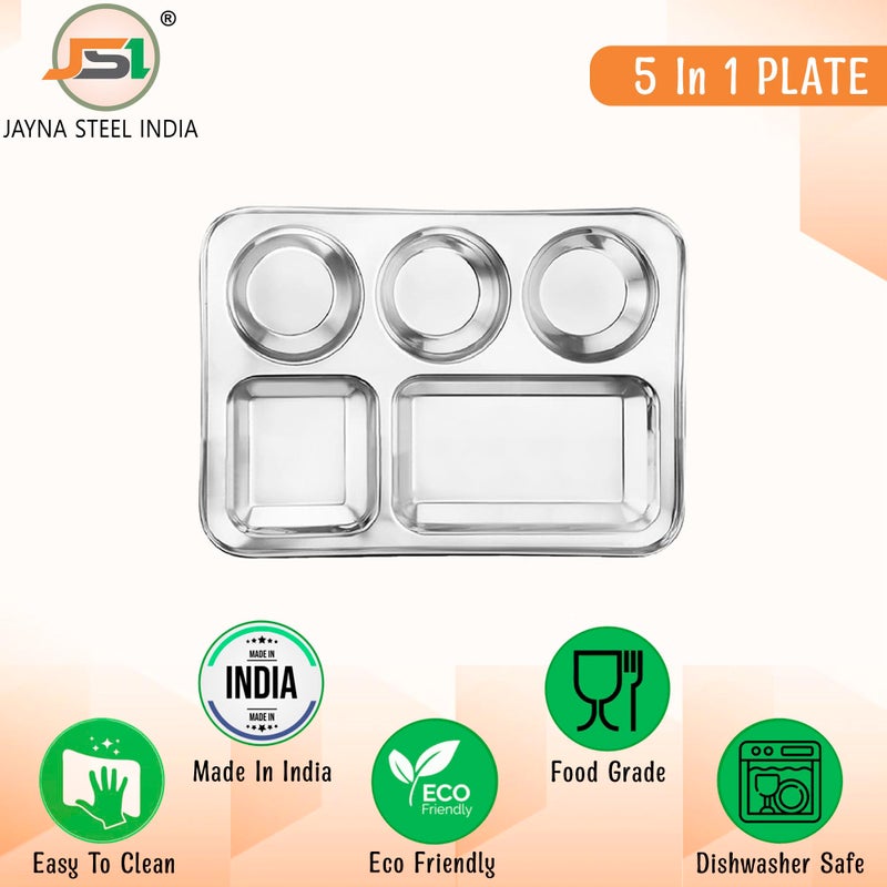JSI طبق عشاء للأطفال من الفولاذ المقاوم للصدأ JSI | تصميم يونيكورن محفور بالليزر | مقاوم للكسر وسهل التنظيف | لامع ومقاوم للصدأ | فولاذ SS من الدرجة 304 5 في 1 مقسم (طقم من 2 قطعة، قطر - 35 سم) - Image 5