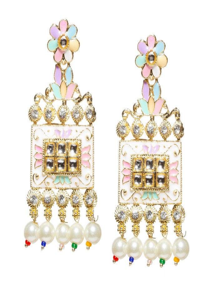 بينداني طقم مجوهرات بيندهاني الهندي على طراز بوليوود، مطلي بالذهب، يتألف من قلادة وأقراط طويلة من اللؤلؤ، بتصميم راني هار، للنساء - Image 4