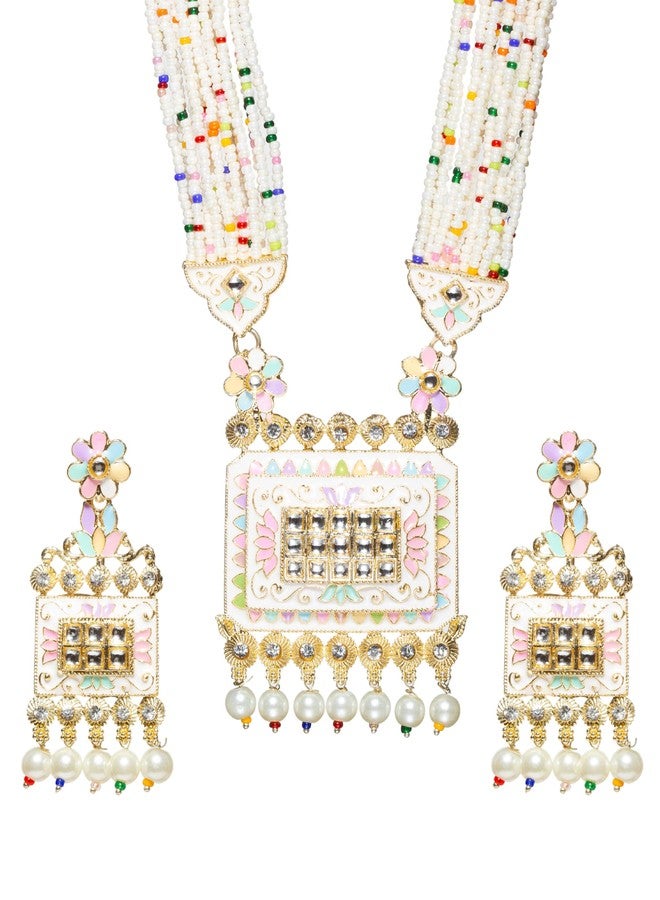 بينداني طقم مجوهرات بيندهاني الهندي على طراز بوليوود، مطلي بالذهب، يتألف من قلادة وأقراط طويلة من اللؤلؤ، بتصميم راني هار، للنساء - Image 1