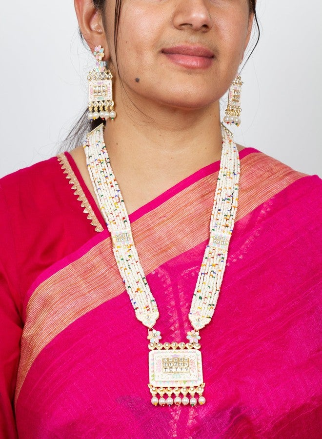 بينداني طقم مجوهرات بيندهاني الهندي على طراز بوليوود، مطلي بالذهب، يتألف من قلادة وأقراط طويلة من اللؤلؤ، بتصميم راني هار، للنساء - Image 3