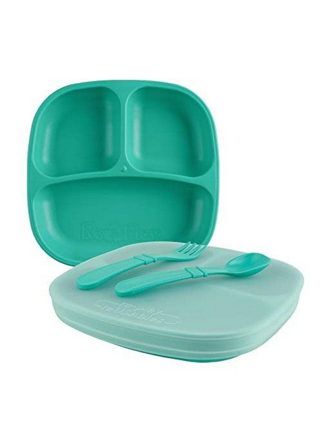 Re-Play Toddler Feeding Set includes 2 Divided Plates, Silicone Storage Lid, Utensils - Made in USA - 5 Pcs - Aqua - Image 1