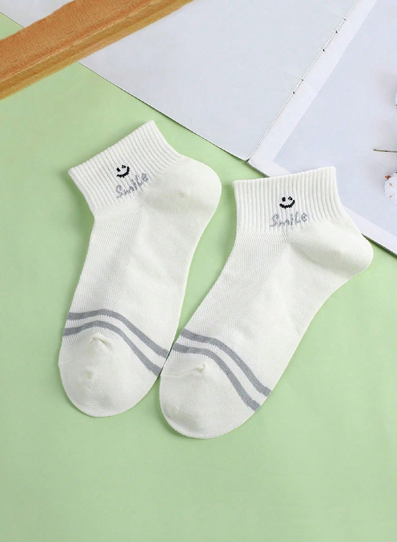 1 Pair Smiley Face Gray Stripes White Crew Socks Fashion Boot Socks Casual Soft Ankle Socks Short socks for Girl Women 