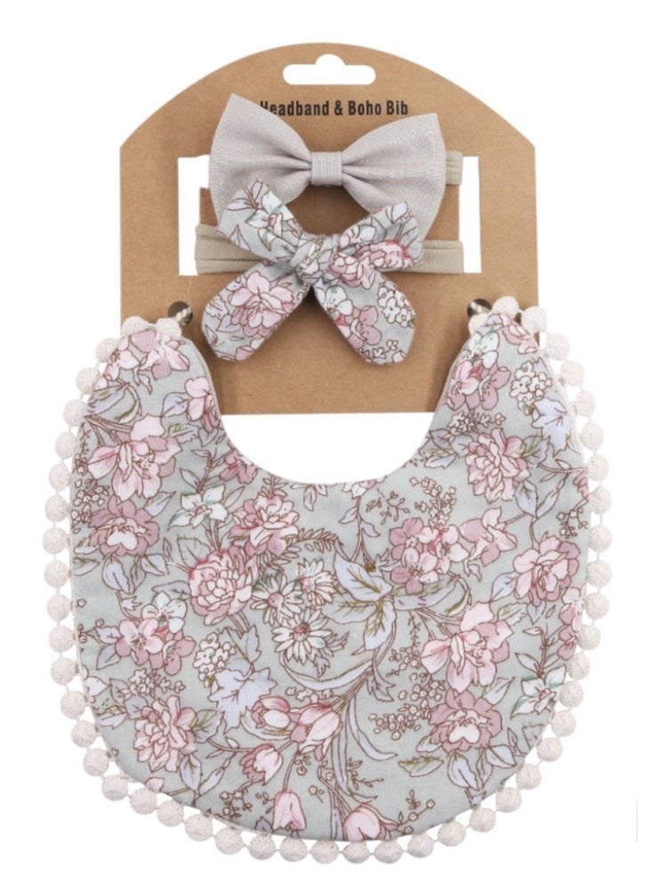 Bambimici - Bambimici -Angelica Baby Bib  and Headband - Floral Grey - Image 1