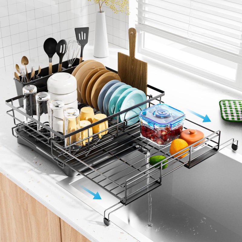 Laveshop Dish Drying Rack - Expandable Rack, Large Capacity Dish Drainer for Kitchen Counter, Rust-Proof with Utensil Holder, Black - Image 1