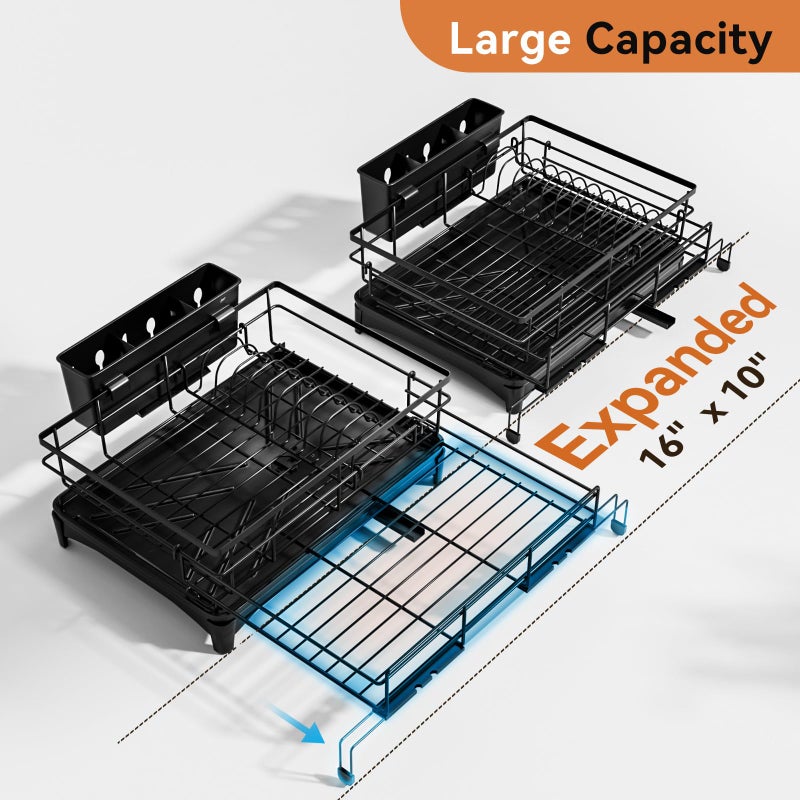 Laveshop Dish Drying Rack - Expandable Rack, Large Capacity Dish Drainer for Kitchen Counter, Rust-Proof with Utensil Holder, Black - Image 2