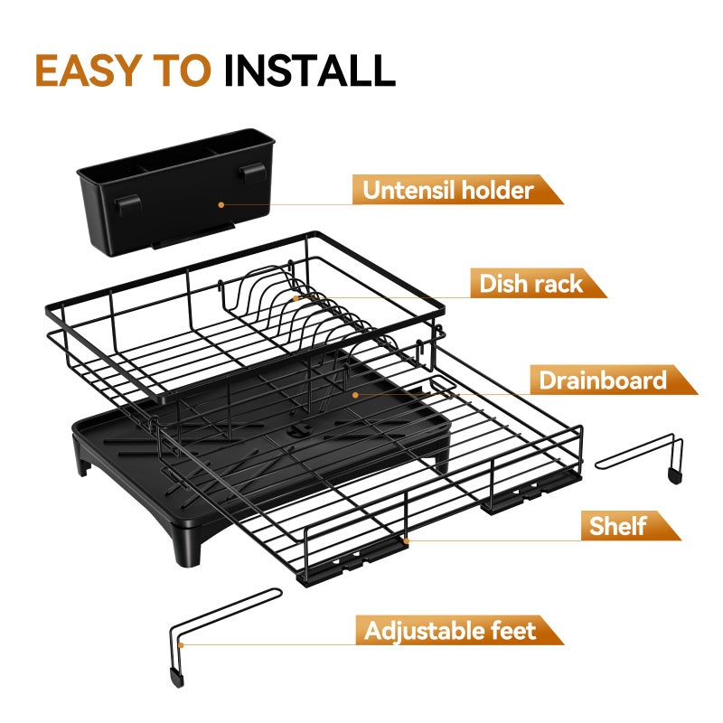 Laveshop Dish Drying Rack - Expandable Rack, Large Capacity Dish Drainer for Kitchen Counter, Rust-Proof with Utensil Holder, Black - Image 5