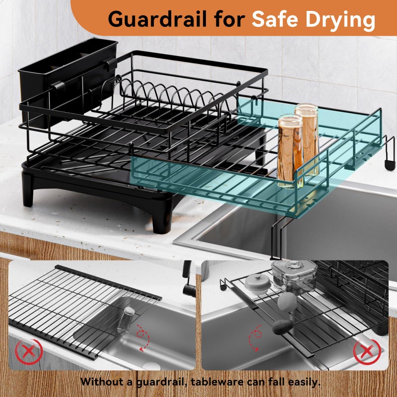 Laveshop Dish Drying Rack - Expandable Rack, Large Capacity Dish Drainer for Kitchen Counter, Rust-Proof with Utensil Holder, Black - Image 4