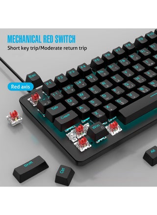 ROCK POW 70% Gaming Keyboard,Arabic English 82 Keys Mechanical Keyboard with Ice Blue Backlit 19 Modes,Volume Lighting Knob Wired Mini PBT Keycaps for PC Gaming and Working (Red Switch)Black - view 2