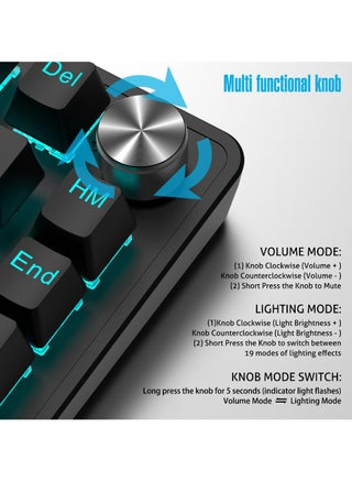 ROCK POW 70% Gaming Keyboard,Arabic English 82 Keys Mechanical Keyboard with Ice Blue Backlit 19 Modes,Volume Lighting Knob Wired Mini PBT Keycaps for PC Gaming and Working (Red Switch)Black - view 3