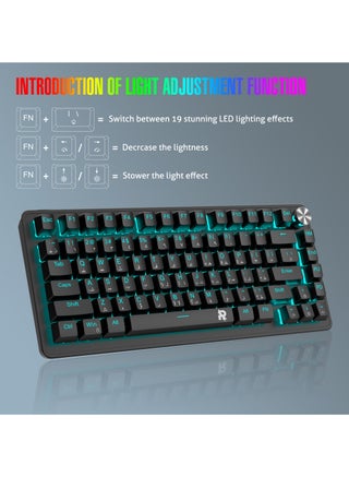ROCK POW 70% Gaming Keyboard,Arabic English 82 Keys Mechanical Keyboard with Ice Blue Backlit 19 Modes,Volume Lighting Knob Wired Mini PBT Keycaps for PC Gaming and Working (Red Switch)Black - view 4