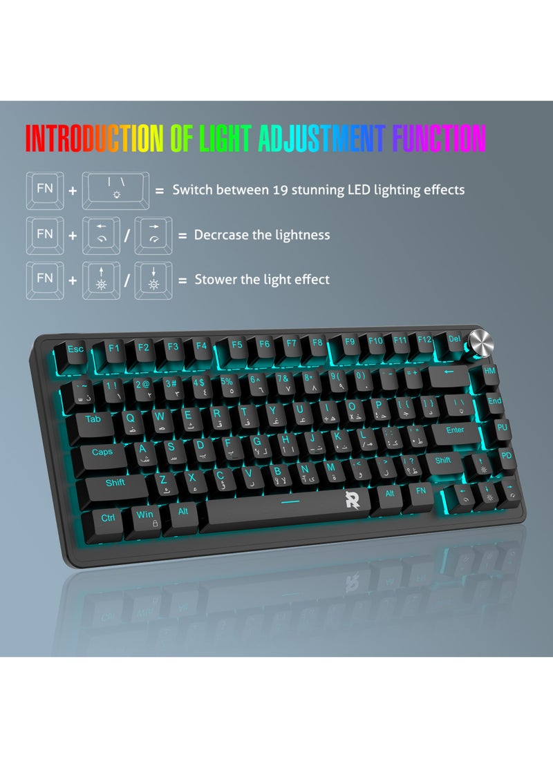 Rock Pow - ROCK POW 70% Gaming Keyboard,Arabic English 82 Keys Mechanical Keyboard with Ice Blue Backlit 19 Modes,Volume Lighting Knob Wired Mini PBT Keycaps for PC Gaming and Working (Red Switch)Black - Image 1