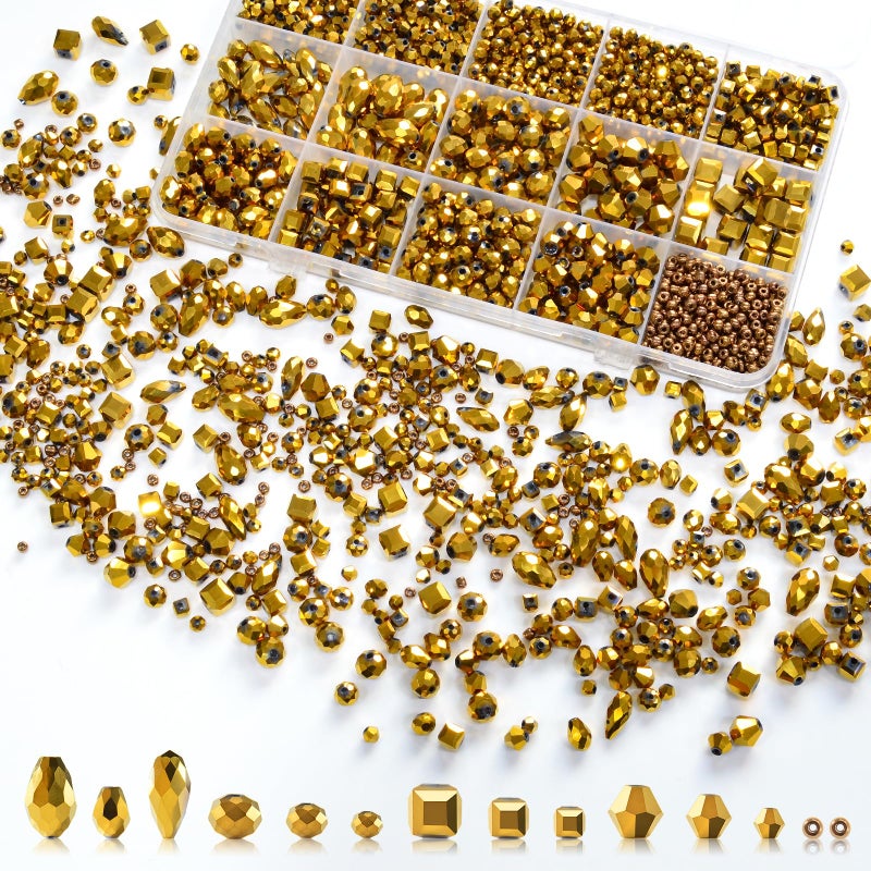Laopottbeads 1500 Pcs Crystal Glass Beads for Jewelry Making â€“ 12 Styles Bicone, Rondelle, Cube, Teardrop & 3mm Spacer Beads, DIY Bracelet Necklace Earring Craft Kit Random Colors(Coffee Gold) - Image 1