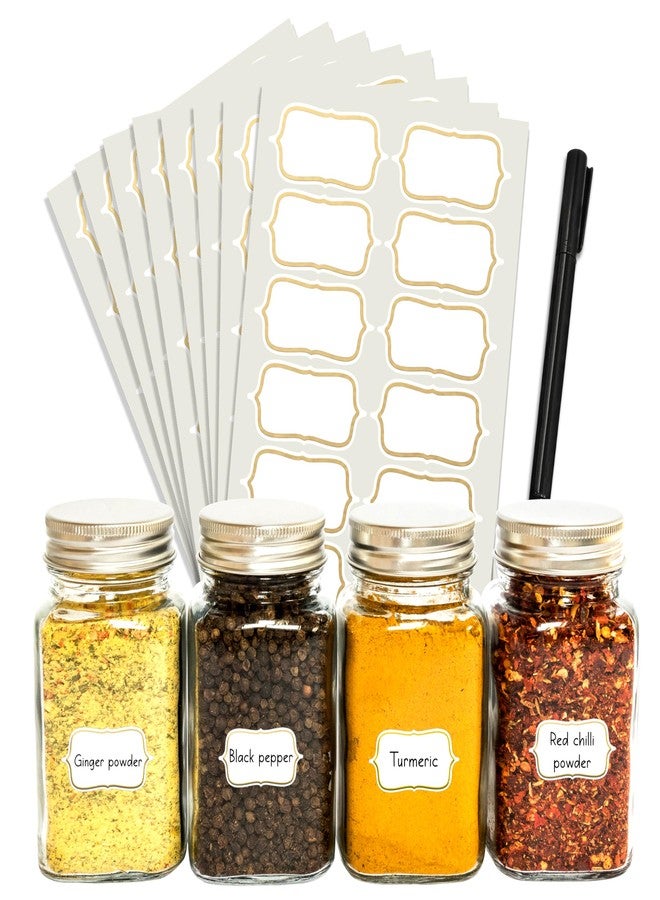 Rousrie Gold Embossed Pack of 72 White Labels For Kitchen Containers Jar Stickers Name Tags Reusable Waterproof Mason Jars Kitchen Pantry, Spice Jars Glass Bottles & Organizing Label with Black Marker - Image 1